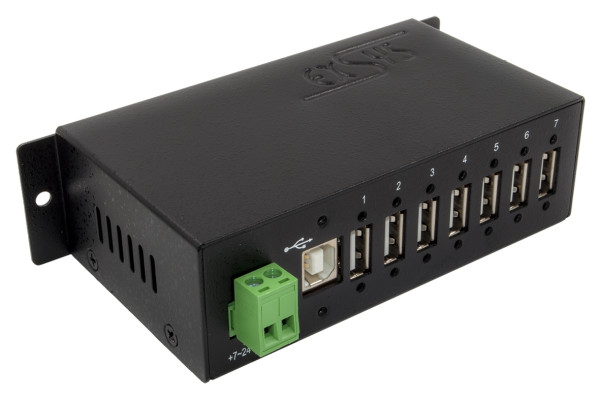 7-Port USB 2.0 Metall HUB für DIN-Rail, Kabel verschraubbar